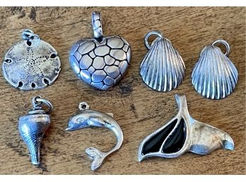 Collection Of Sterling Silver Pendants - Shells. Heart, Whale Tail. Dolphin, And More - Weigh 17.3 Grams Total