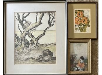 Vintage Forrest Watercolor With Orange Flowers And Print In Frames