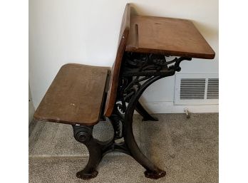 Antique Wooden School Desk With Cast Iron Frame