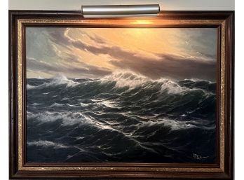 Large Walter Dettman Original Oil On Canvas Seascape In Custom Frame With Built In Light