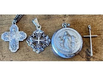 (4) Religious Pendants - (1) Locket, (3) Sterling Silver, Cross Is Silver Tone
