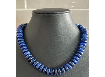 Vintage Glass Blue Marbleized Disk Bead 15' Necklace