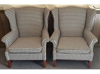 Pair Of Vintage Houndstooth Black And White Wing Back Arm Chairs