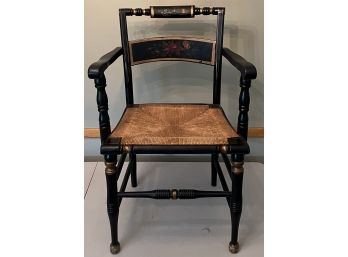 Antique Black Lacquer Floral Tole Painted Chair With Woven Seat