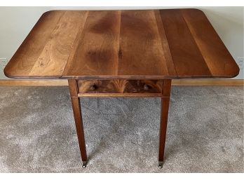 Antique Mahogany Single Drawer Drop Leaf Table With Brass Casters