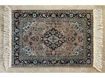 Small 37 X 25 Inch Silk Blend Multicolor Rug With Fringe