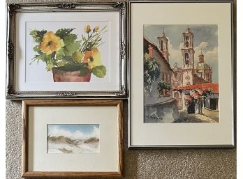 (3) Assorted Watercolor Prints In Frame - Ocean, Still Life, And Village Scene