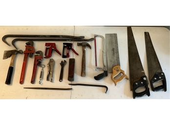 Lot Of Assorted Hand Tools Including - Saws, Pipe Wrenches, Crow Bars, And More