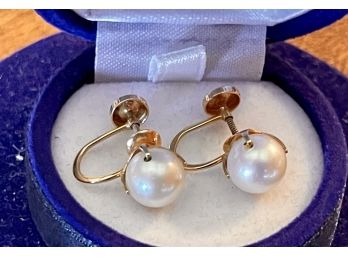Pair Of 10k Gold And Pearl Earrings In Hat Box
