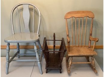 Antique Side Chair With Vintage Children's  Rocker And Wooden Magazine Rack (as Is)