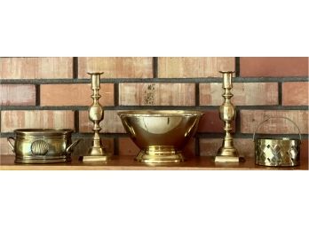 Vintage Brass Lot - Handled Shell Dish, Candle Holders, Footed Bowl