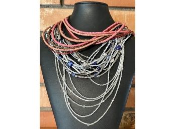 (3) Multistrand Bead And Metal Necklaces - Silver Tone And Colored Bead - Chicos, Coldwater Creek