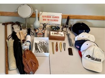 Eclectic Lot - Umbrellas, Bowdins Scissors, Marbles, Hats, Sterling Silver Shaker, And More
