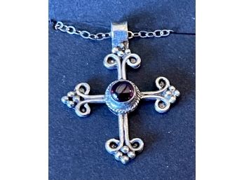 Sterling Silver Budding Cross Pendant Silver Wire Work Design With Red Garnet Center Nepal 18'