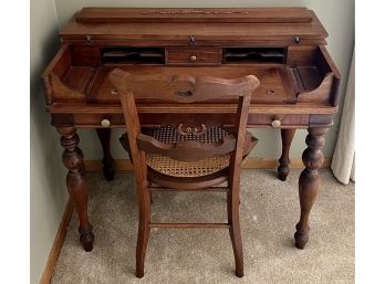 Antique Walnut Desk With Carved Shell Top And Turned Legs With Matching Cain Seat Chair