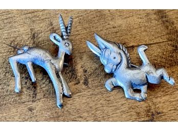 (2) Vintage Sterling Silver Pins - Donkey 1.25' And Prong Horned Sheep 1.25' - Weigh 8 Grams Total