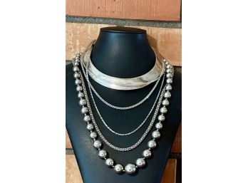 Lot Of Silver Tone Necklaces - Choker From India, Chains, Ball Bead, And More