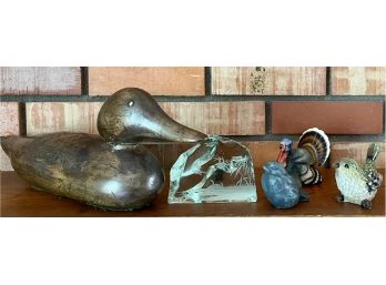 Wood Decoy, Etched Crystal, And Resin Bird Lot