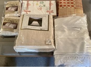 Collection Of Bedding - Jacquard Medallion Queen Set, Vintage Percale Bed Sheets, (2) Extra Blankets