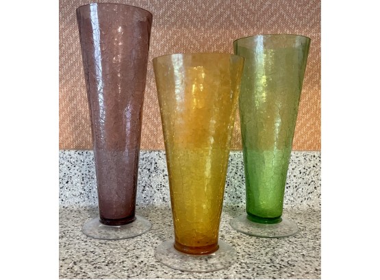 (3) Vintage Crackle Glass Vases