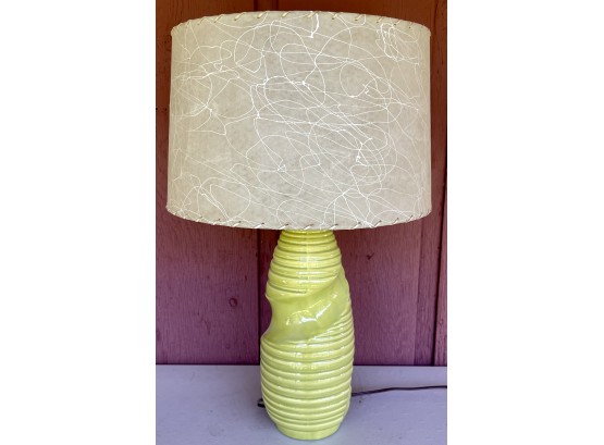 Mid Century Modern Lime Green Pottery Lamp With Fiberglass Shade