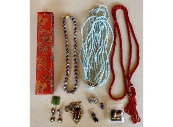 Vintage Jewelry Lot - Seed Bead Lariat Necklace, Cloisonne Bead, And More