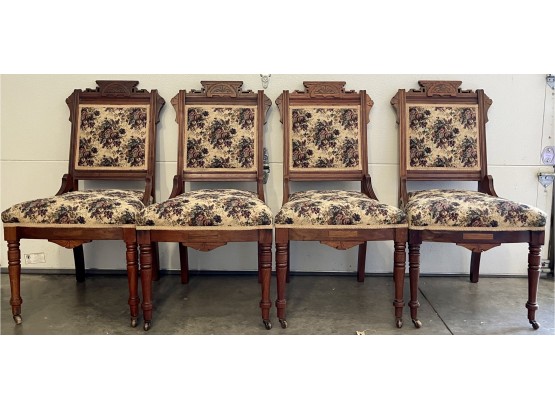 (4) Beautiful Victorian Hand Carved Walnut Tapestry Covered Parlor Chairs With Castors