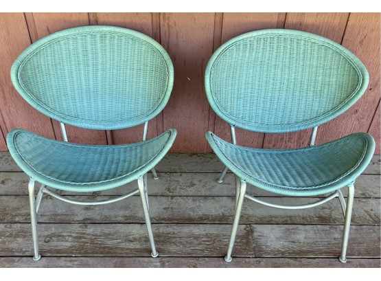 Pair Of Mid-century Modern Teal Wicker Metal Frame Orbit Chairs