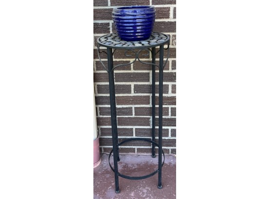 30 Inch Metal Plantstand With Glass Bead Top And Small Blue Pot