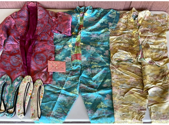 (2) Pairs Of Vintage Children's Made In Hong Kong Satin Pajamas, Satin Robe, And (2) Pairs Of Slippers