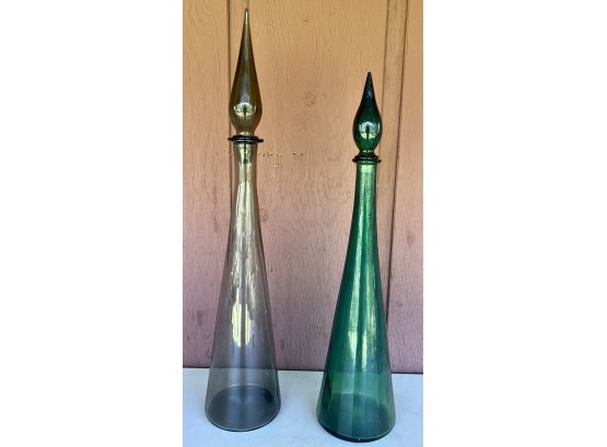 (2) Vintage Mid Century Modern Jeannie Bottle Decanters - Teal Green And Grey