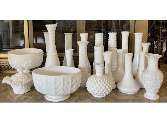 Large Collection Of Milk Glass Vases, Perfume Bottles, Bowls, And Creamer- Hobnail, Pressed And More