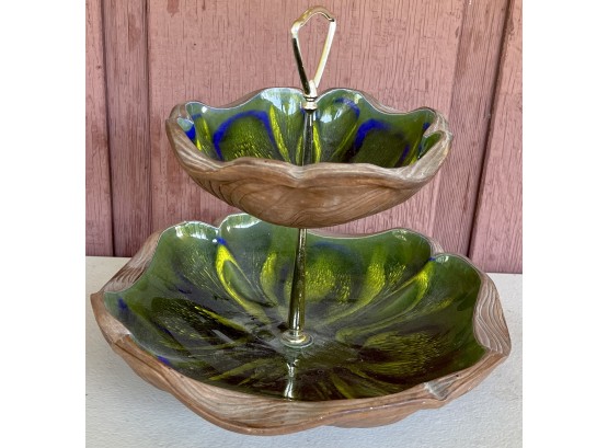 Mid Century Modern California USA No. 713 2 Tier Pottery Iridescent Glass Tray