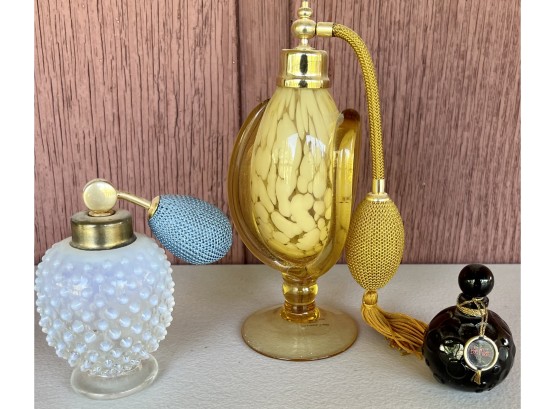 (3) Vintage Art Glass Perfume Bottles - Bob Mackie, Royal Limited Crystal, And Hobnail Opalescent