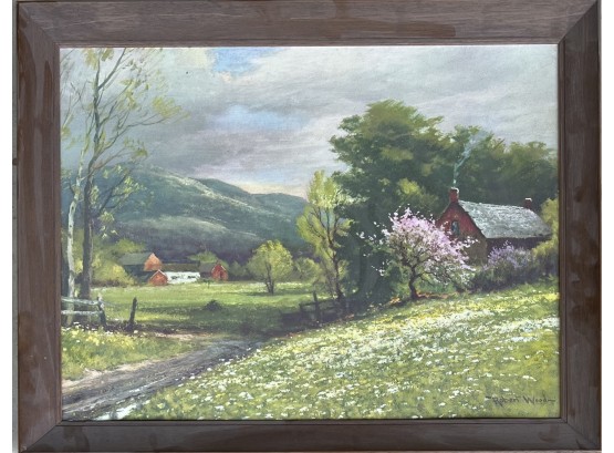 Vintage Robert Wood Canvas Farm Scene Print In Wood Frame