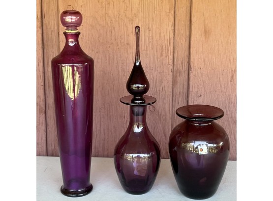 Mid Century Modern - Blenko Hand Blown Art Glass Vase, Hand Blown Jeannie Bottle, And A Bottle With Stopper