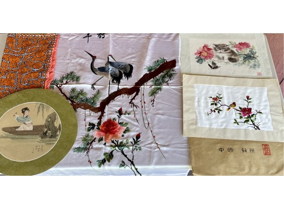 Assorted Vintage Asian Silk Embroidery Landscapes, Animals, And More In Original Bag