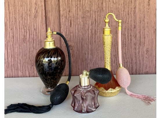 (3) Vintage Art Glass Perfume Bottles With- Atomizer Pump And Tassels - DeVilbiss