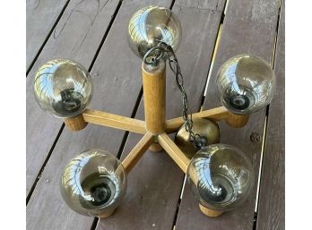 Vintage Wooden Fixture With 5 Glass Globes In Brass Face Plate