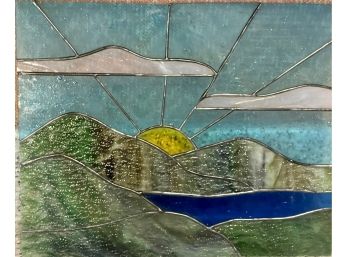 Stained Art Glass Sunrise Scene With Mountains (unframed)