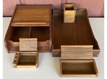 MCM Teak Office Lot - Roll Top Organizer, Tray, Pen Holder, And Small Box
