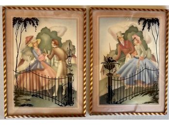 (2) Vintage Litho Prints In Painted Convex Glass