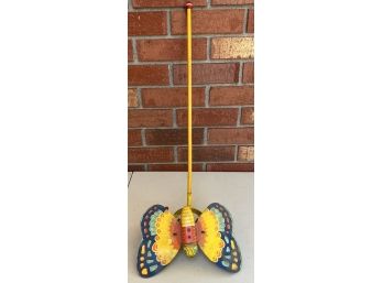 Vintage J. Chein & Co Litho Tin Push Butterfly Toy With Wooden Stick
