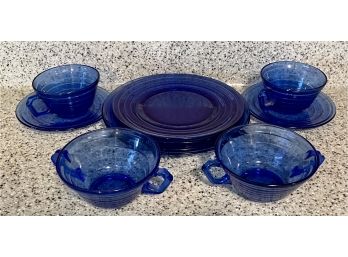 Lot Of Cobalt Blue Ribbed Glassware - Pair Of Cups, Saucers, Dinner Plates, And Soup Bowls With Liners