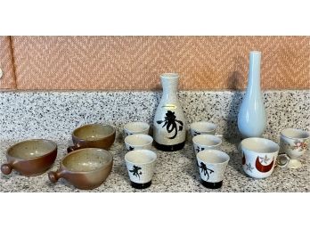 Hand Painted Saki Set With (6) Glasses, Sauce Bowls, And Vase