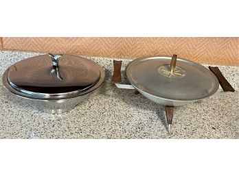 (2) MCM Kromex Serving Bowl With Lid And Mirro Medallion Aluminum Bowl With Wood Trim And Lid