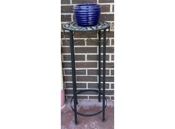 30 Inch Metal Plantstand With Glass Bead Top And Small Blue Pot