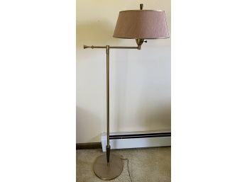 54 Inch MCM Brass Standing Rembrandt Lamp With Material Shade And Wood Accents