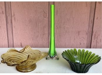 MCM Art Glass Lot - Blenko Hand Craft, Amber Ruffled, And Green Cased Art Glass Bud Vase