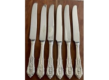 (6) Sterling Silver Handled Wallace Rose Point Dinner Knives - Total Weight 372 Grams